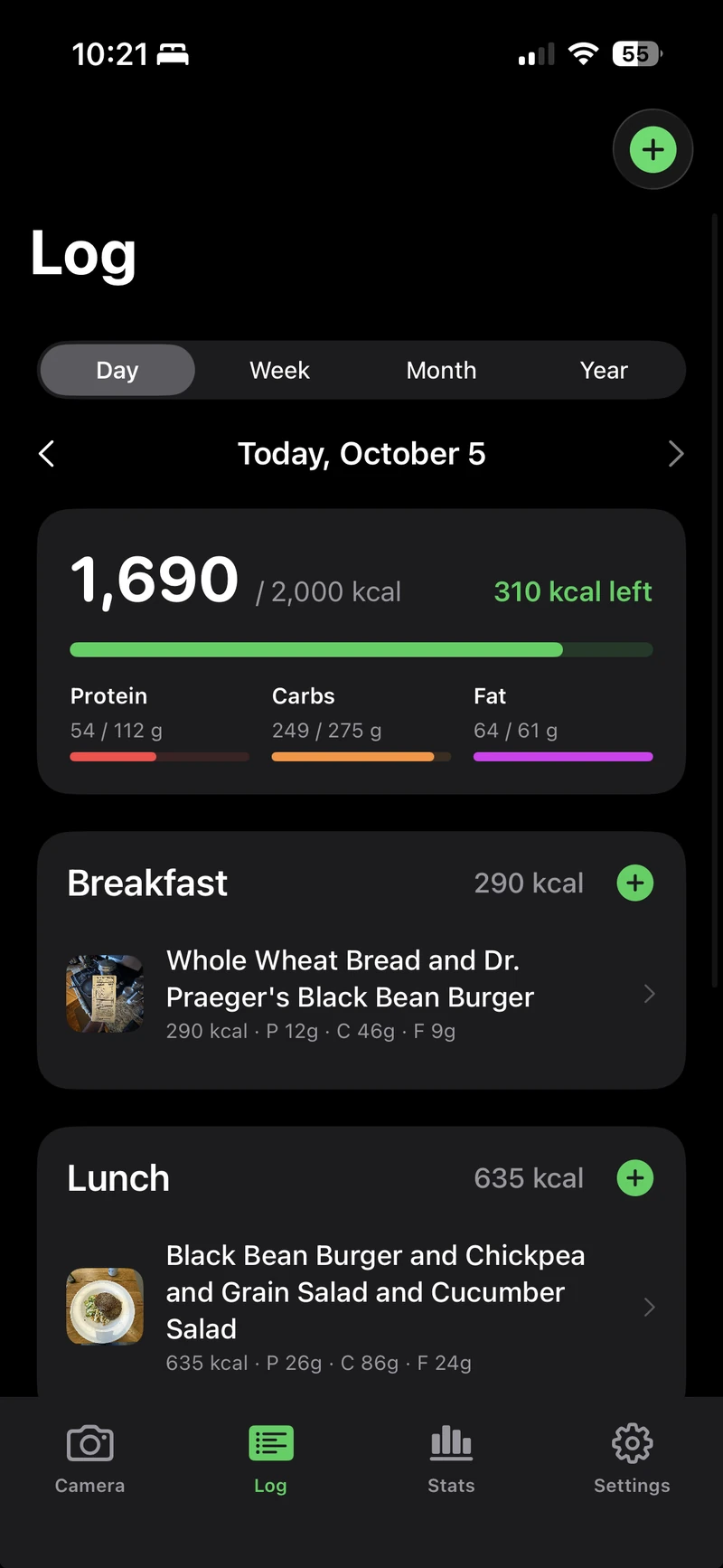 HungerSnap meal log and daily macro goals.