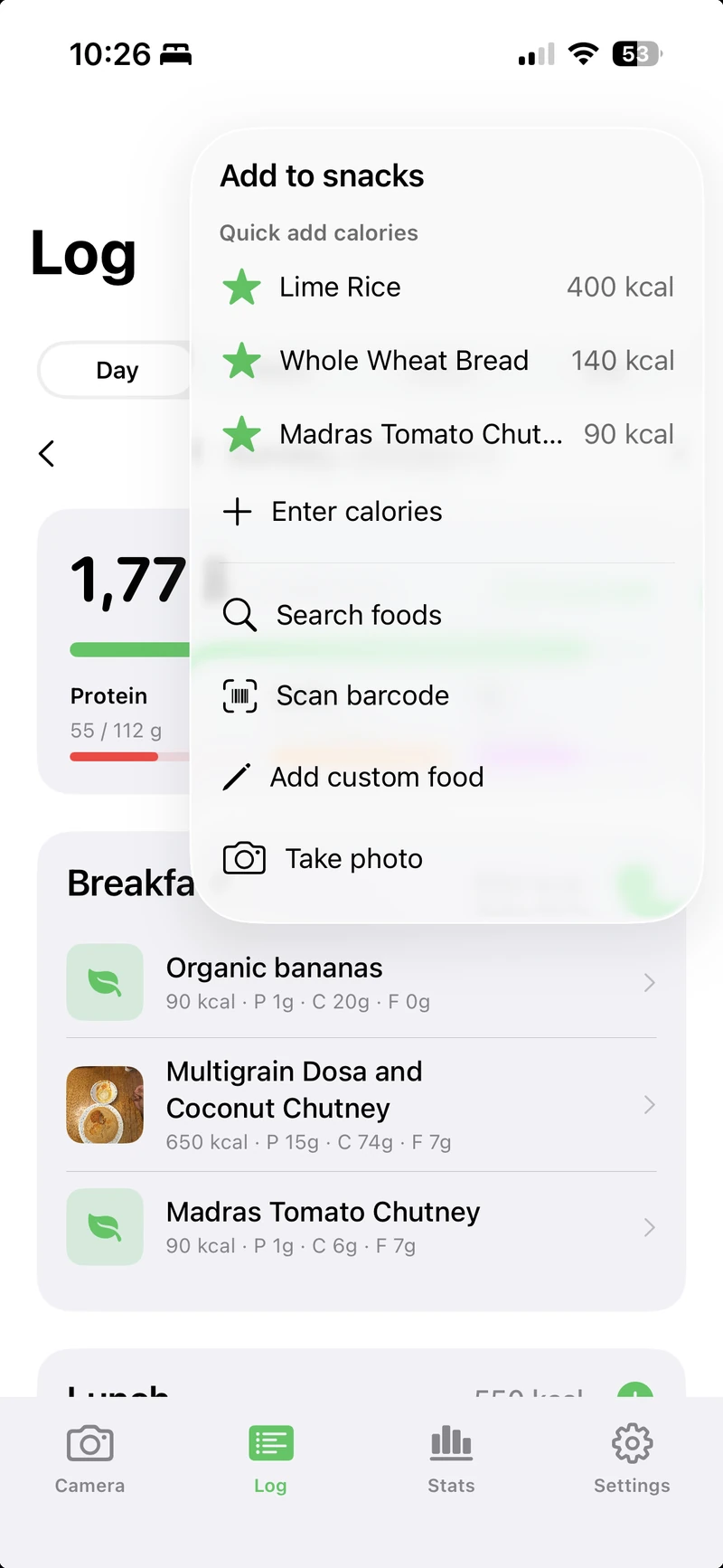 HungerSnap quick-add menu with favorites, calorie entry, food search, barcode scanning, custom food, and camera options.